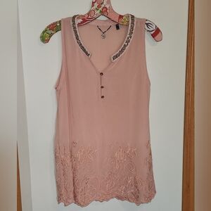 BKE Boutique sz S Sheer Embellished Peach pink tank beads buttons embroidery